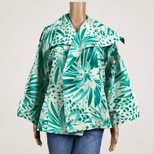 Della Reese Green Floral Botanical Open Front Jacket Blazer Small Sequin Linen